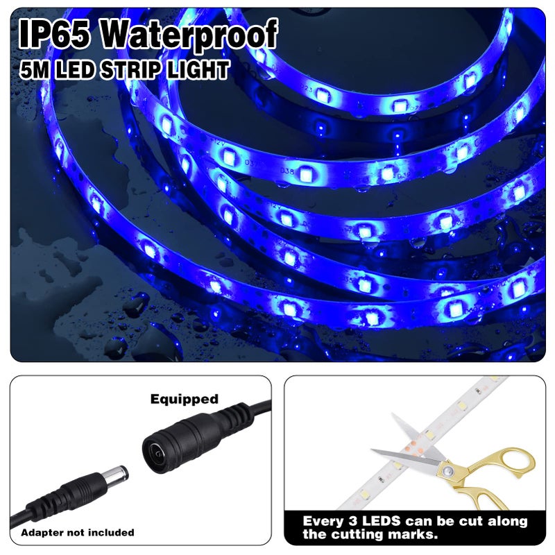iNextStation 12V LED Light Strip IP65 Waterproof Blue LED Strip Lights 16.4ft/5m Cuttable 300 SMD 2835 LED Tape Flexible Led Lights for Bedroom Outdoor Indoor Decor (Power Adapter not Included) - Image 2
